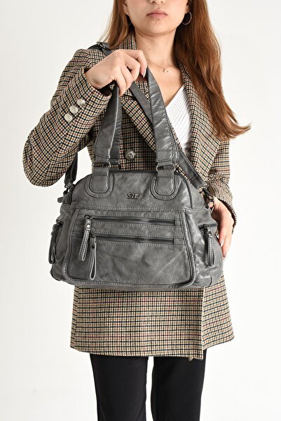 H&D COLLECTİON Gray Washed Leather Multi-Compartment Shoulder Bag