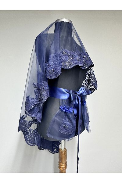Hayalperest boncuk Fiore Lace Embroidered Modern Bridal Henna Veil Set Navy Blue
