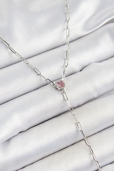 Celira Silver Color Women's Necklace with Brass Zircon Stone Pink Heart Figure Y Model