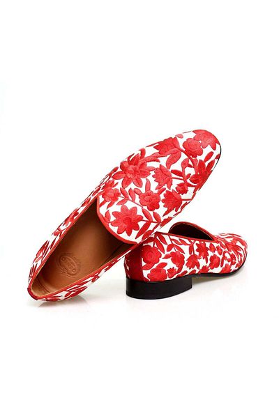 Butik Red Color Laceless Khaki Leather Flower Embroidered Men's Shoes