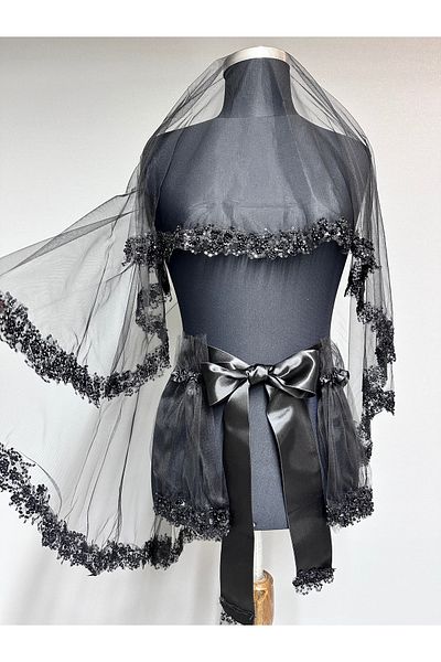 Hayalperest boncuk Amour Sequin Beaded Modern Bridal Henna Veil Set Black