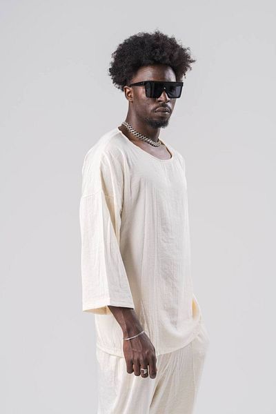 SUPERBLUE Men's Wide Crew Neck Summer Loose Ecru T-Shirt