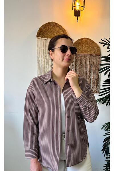 Bigdart Kahverengi Çizgili Oversize Gömlek