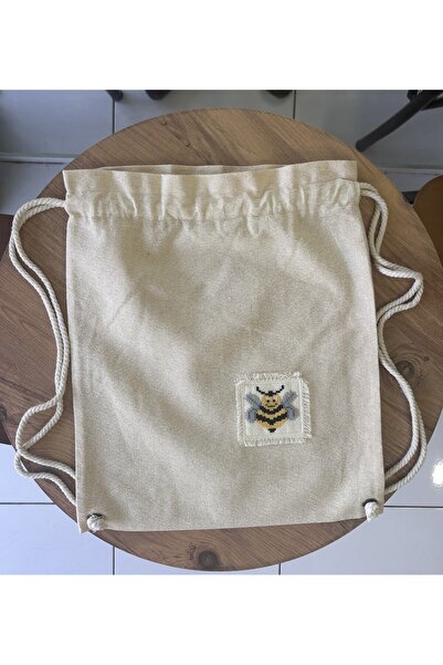 Handream Raw Linen Fabric Bee Pattern Processed Etamine Detailed Backpack (40X47 cm)