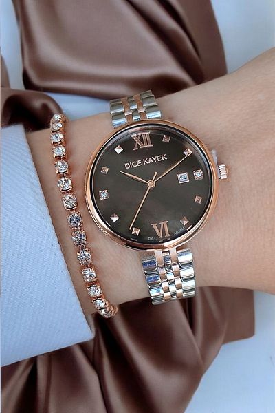 Dice Kayek Calendar Zircon Stone 5Atm Waterproof Coffee Dial Steel Women's Wristwatch with Bracelet Gift