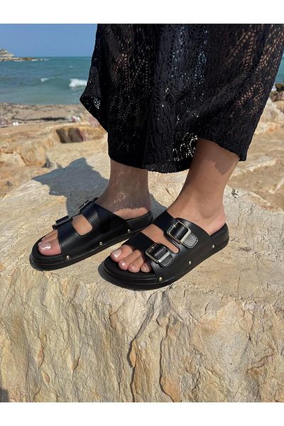 DERİ KABUSU Double Band Buckle Slippers T-007