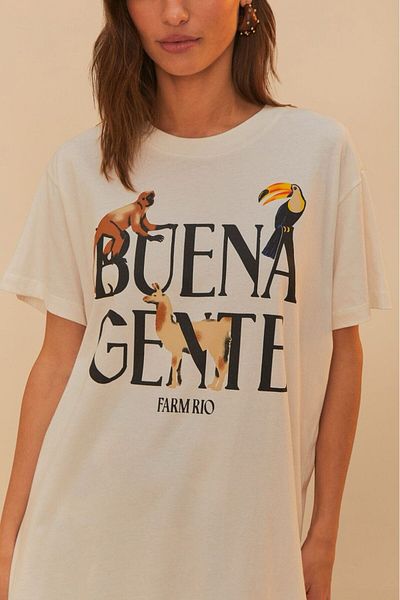 The Champ Clothing Tricou alb oversize pentru femei Buena Gente cu model animal scris