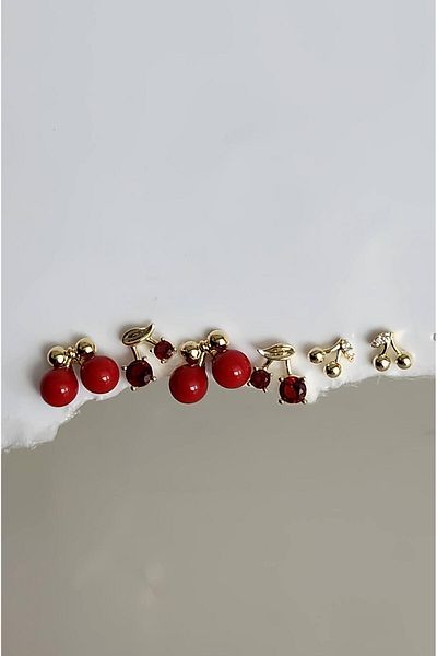 Eva Takı Store Set of 6 Cherry Red Model Minimal Earrings