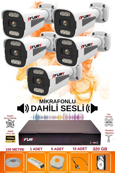 FURY 5 Li Sesli 5Mp Lens 1080p 6 Warm Led Gece Renkli Görüş Su Geçirmez Güvenlik Kamerası Seti 320gb