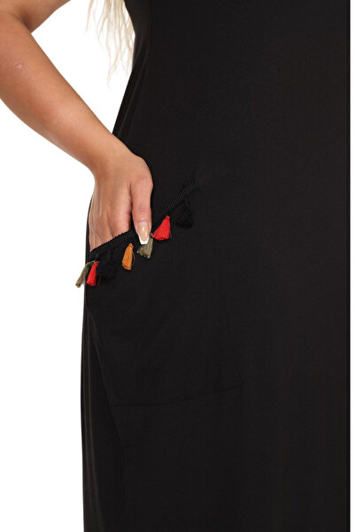 MELSAY Women's Short Sleeve Black Pockets Tassel Detail Midi Dress