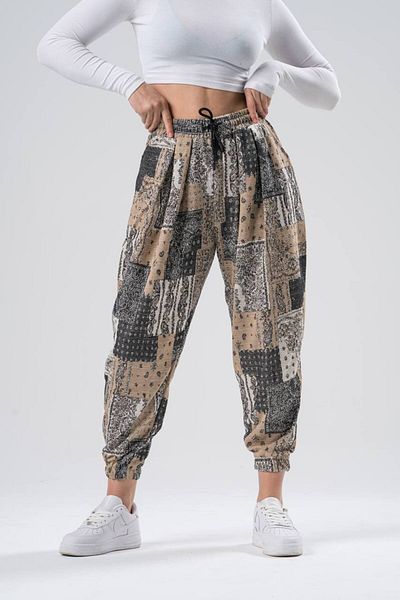 SUPERBLUE Women's Patterned Summer Beige Jogger Baggy Trousers