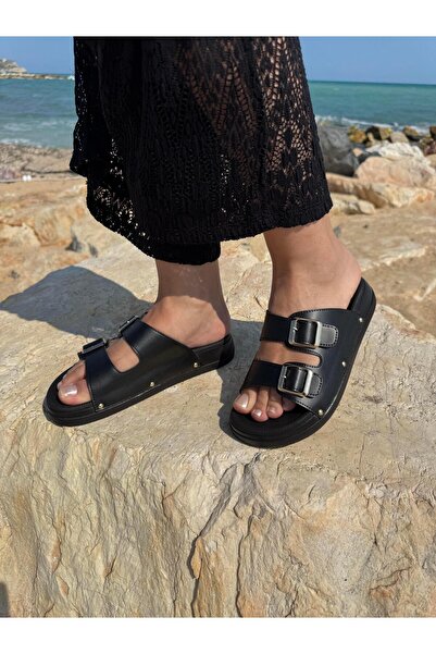 DERİ KABUSU Double Band Buckle Slippers T-007