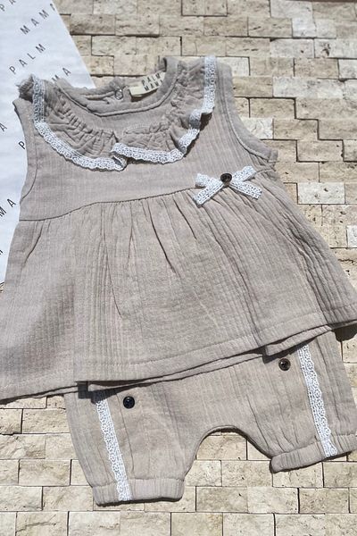 PALMMAMA 2-Piece Organic 100% Muslin Lace Bow Dress Shorts Set Baby Girl 0-2 Years Gift Recommendation