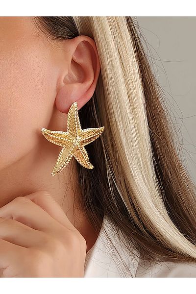 Eva Takı Store Large Starfish Model Gold Earrings 6 cm