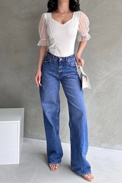 Caddebostan Moda Princess Sleeve Tulle Detailed Crepe Blouse