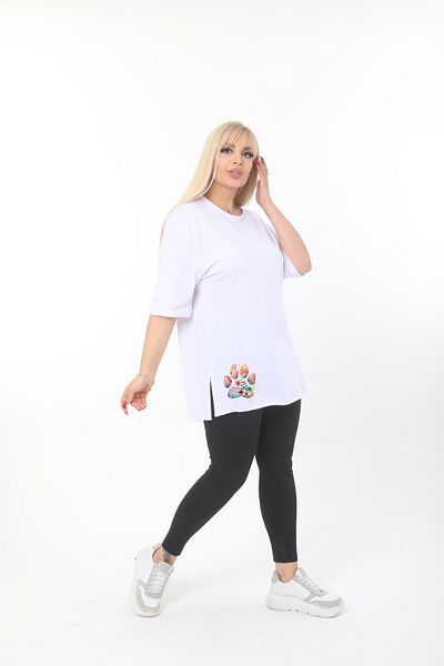ÇİFTXL Large Size Knitted Viscose White Printed Salas T-Shirt