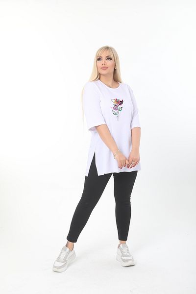 ÇİFTXL Large Size Knitted Viscose White Printed Salas T-Shirt