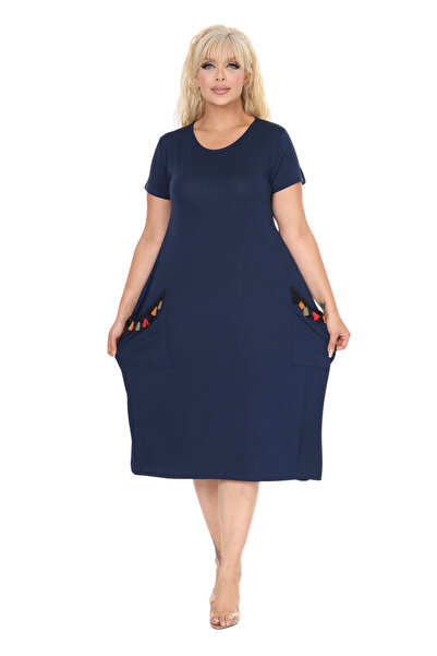 MELSAY Women's Short Sleeve Navy Blue Pockets Tassel Detailed Midi Dress