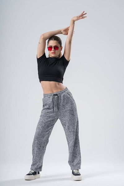 SUPERBLUE Women's Patterned Gray Baggy Trousers with Elastic Waist