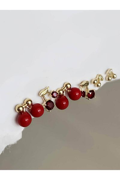Eva Takı Store Set of 6 Cherry Red Model Minimal Earrings