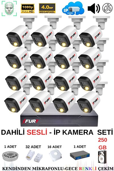 FURY Ip Güvenlik Kamera Seti 16 Kameralı Sesli 4mp Gece Renkli Su Geçirmez Ip5515s 250gb