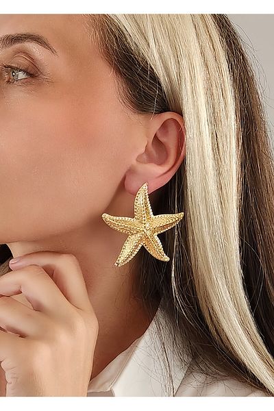 Eva Takı Store Large Starfish Model Gold Earrings 6 cm