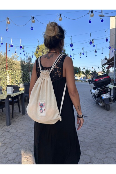 Handream Raw Linen Fabric Cute Mouse Processed Etamine Detailed Backpack (40X47 cm)