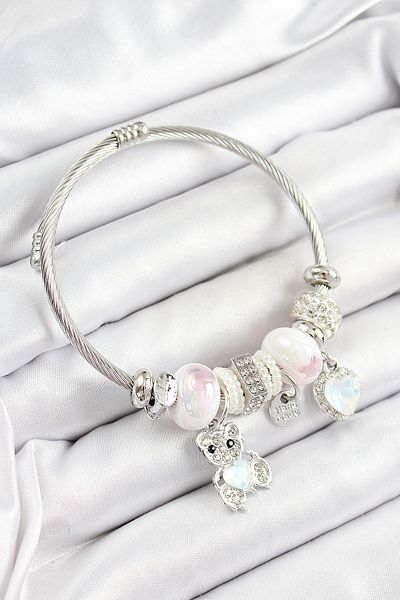 BESKAR 316L Steel White Zircon Stone Teddy Bear and Heart Model Silver Color Charm Bracelet
