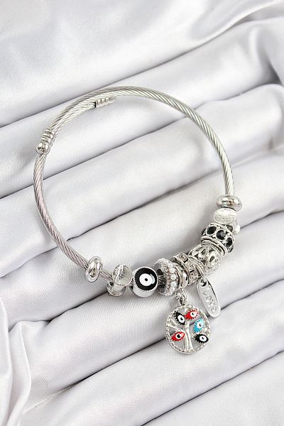 BESKAR 316L Steel Black Evil Eye Zircon Stone Pearl Detailed Tree of Life Model Silver Color Charm Bracelet