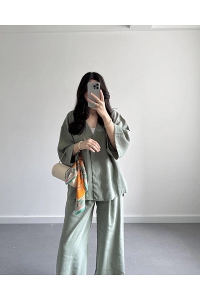 Lavanta Tekstil V Neck Single Button Kimono Pants Suit