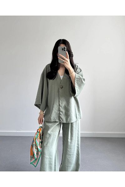 Lavanta Tekstil V Neck Single Button Kimono Pants Suit