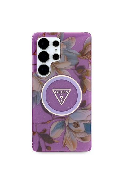 Guess Case for Samsung Galaxy S25 Ultra - Guess IML Metal Glitter Flowers Triangle MagSafe Purple