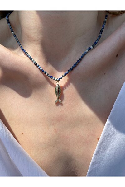 Hora Mavi Apatit Taş Dizili Gold Balık Detaylı Kolye