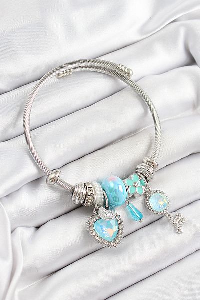 BESKAR 316L Steel Blue Zircon Stone Star Key and Heart Model Silver Color Charm Bracelet