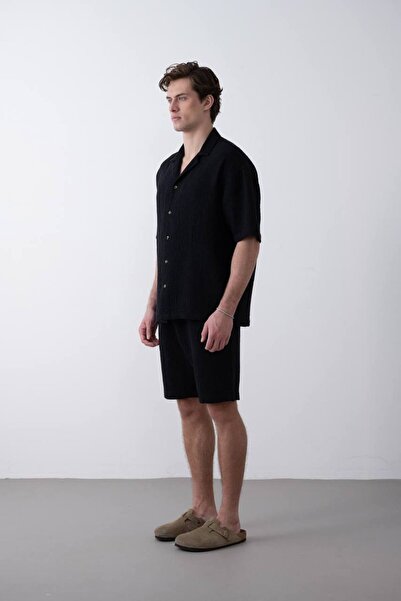 MARRAKECH Erkek Desenli Keten Kısa Kollu Gömlek