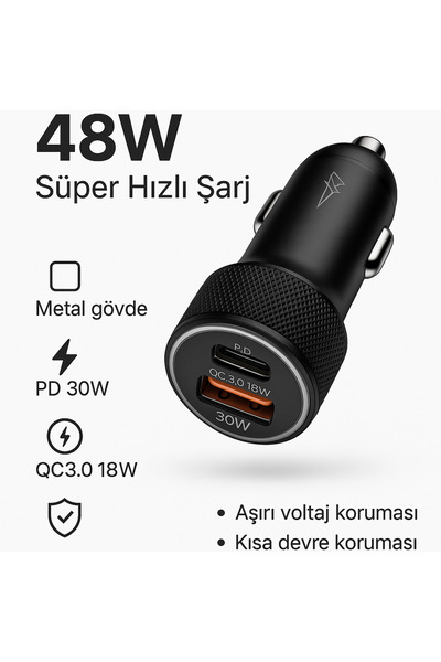 Galio Deluxe 48W Hızlı Araç Şarj Cihazı-Çakmaklık Şarjı | Metal Gövde | Iphone & Android