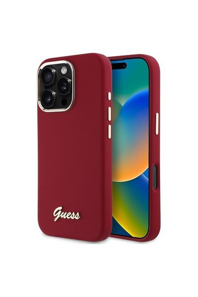 Guess IPhone 16 Pro Case - Guess Silicone Script Metal Logo (GUHCP16LSMBSLM) - Red