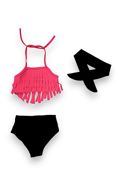 Lolliboomkids Girl's Neon Pink Color Tasseled Bikini Set with Bandana Set of 3