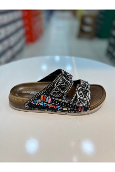 Akınal Bella Esem Double Buckle Stone Stylish Women's Flat Slippers