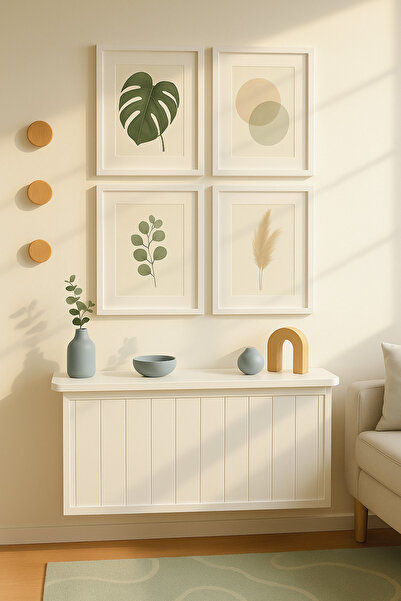 Tuğra Sanat Galerisi Camlı 4’lü Dekoratif Tablo Seti 30x25 Beyaz Çerçeve ve P...