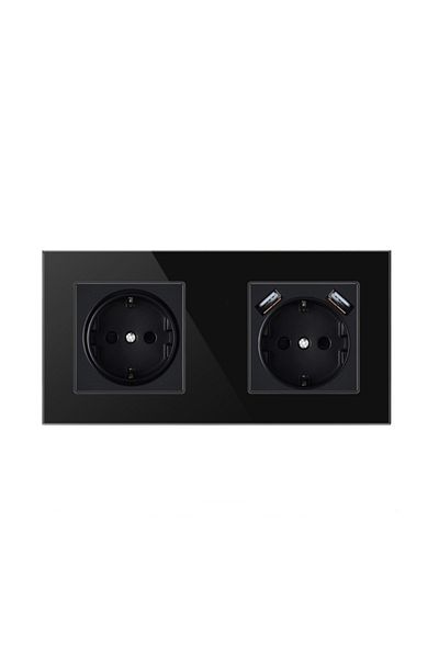 TECHSTAR ® Crystal Tsu2 Socket, Double, 2 X Usb, 2.1 A, Onyx Black Color, Tempered Glass, 16a