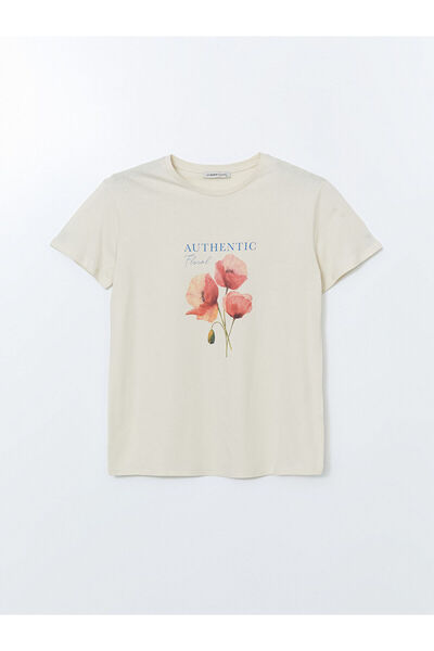 LC Waikiki Γυναικείο μπλουζάκι με λουλουδάτο βαμβακερό χτενισμένο λαιμόκοψη