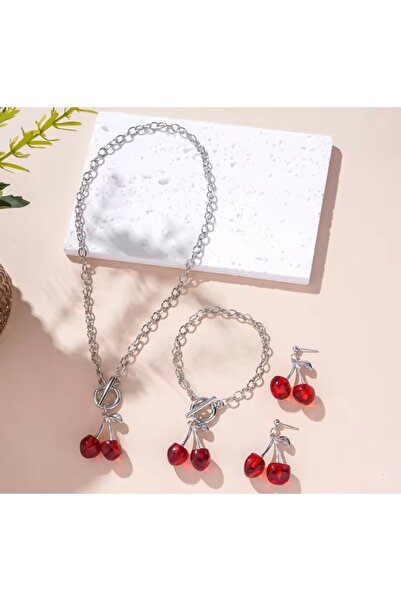 monalisatoka Kadın Gümüş Kirazlı Kolye Bileklik Küpe Seti