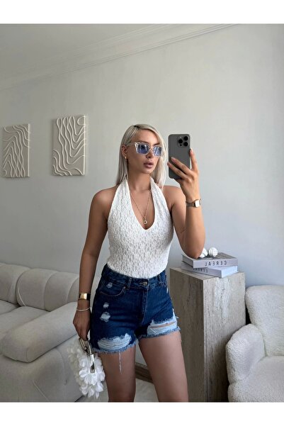 Zora Butik Yırtık Lazer Kot Şort - KOYU MAVİ