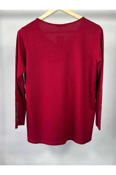 Damla Plus Size V-Neck Blouse with Stone Detail on the Sleeves