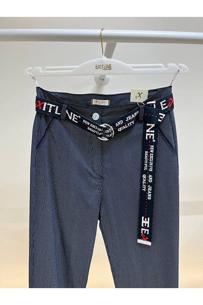 EXİTLİNE Women's Summer Striped Fabric Belted Navy Blue Trousers