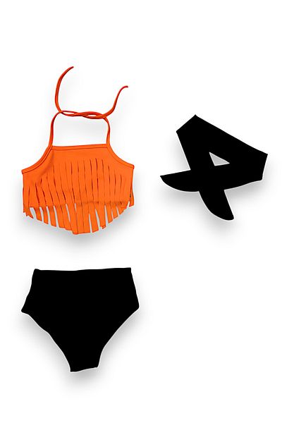 Lolliboomkids Girl's Orange Color Tasseled Bikini Set with Bandana Set of 3