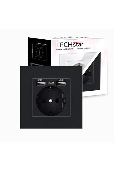 TECHSTAR ® Pcu1 Socket, Single, 2 X Usb, 2.1 A, Black Color, Polycarbonate, 16a