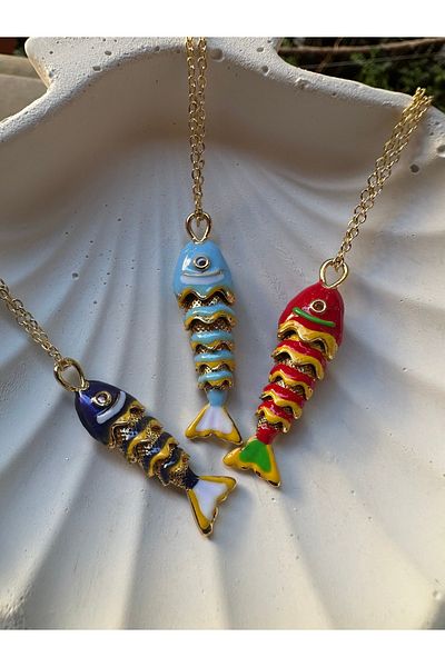 Claritas Takı Steel Red Colored Movable Enamel Design Fish Necklace