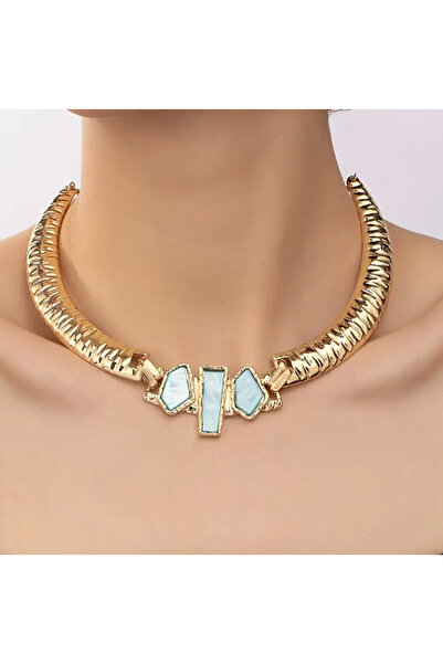 NISHPOINT ALTIN RENGİ MAVİ TAŞ DETAYLI LÜKS CHOKER KOLYE